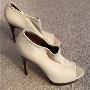 Off white open toe booties/brown heels